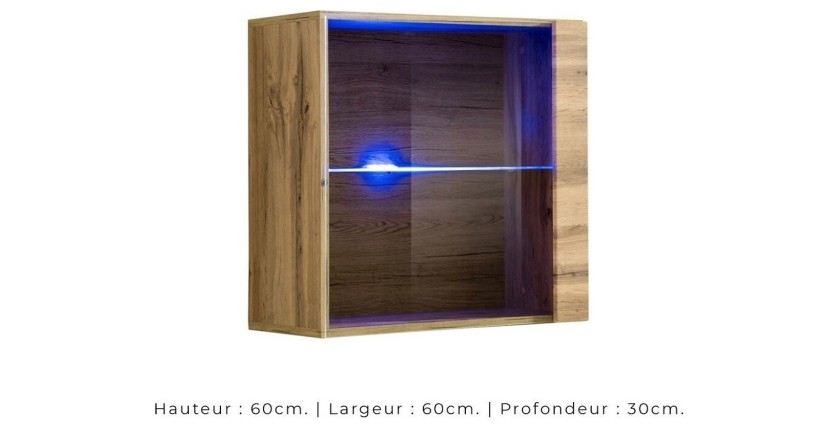 Vitrine carrée suspendue coloris chêne clair avec 1 porte vitrée et éclairage LED inclus. Collection SWITCH.