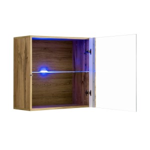 Vitrine carrée suspendue coloris chêne clair avec 1 porte vitrée et éclairage LED inclus. Collection SWITCH.