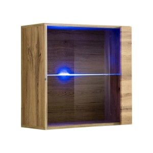 Vitrine carrée suspendue coloris chêne clair avec 1 porte vitrée et éclairage LED inclus. Collection SWITCH.