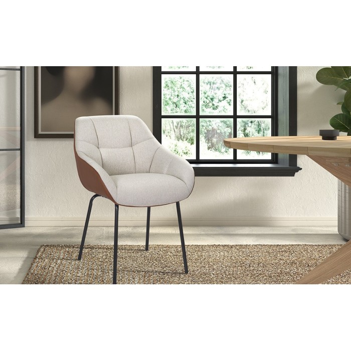 Chaise SAM Tissu Beige Dos PU Cognac, dimension H85 x L57.5 x P65, idéal pour votre cuisine ou salle à manger