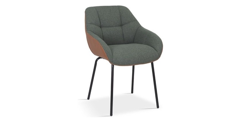 Chaise SAM Tissu Vert Dos PU Cognac, dimension H85 x L57.5 x P65, idéal pour votre cuisine ou salle à manger