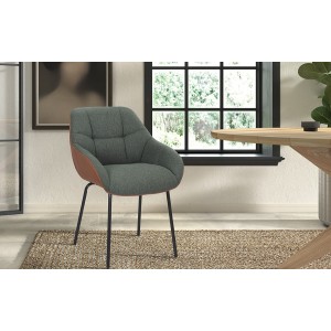 Chaise SAM Tissu Vert Dos PU Cognac, dimension H85 x L57.5 x P65, idéal pour votre cuisine ou salle à manger