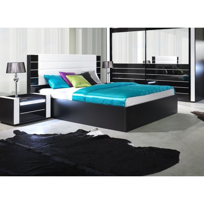 Lit adulte design 140x200 collection LINA noir et blanc brillant + tête de lit en simili cuir