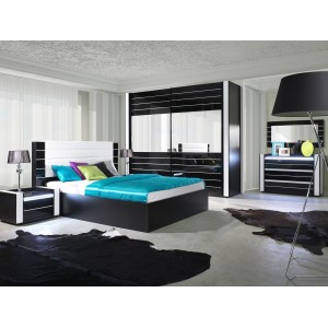 Lit adulte design 140x200 collection LINA noir et blanc brillant + tête de lit en simili cuir