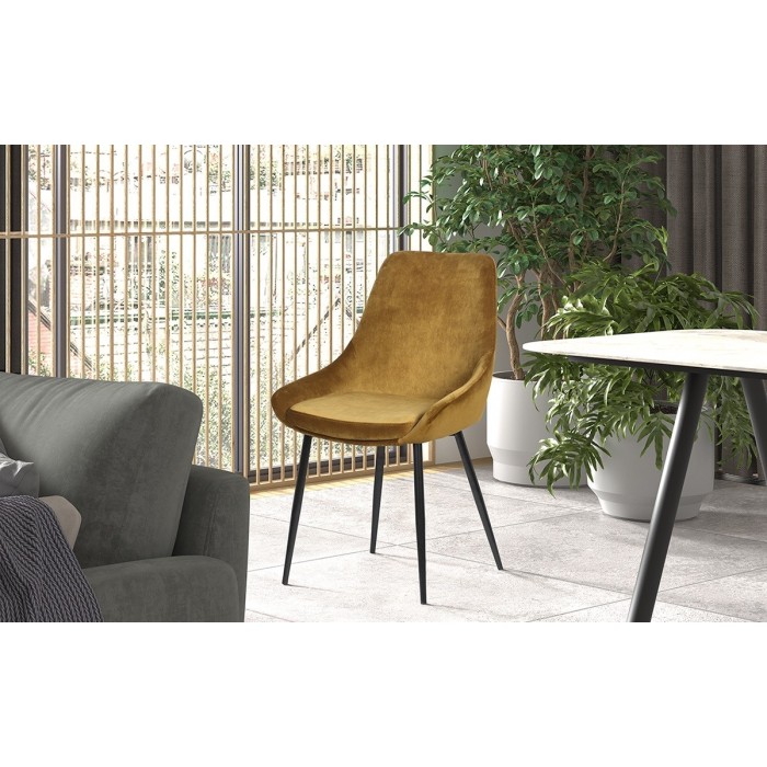 Chaise MICRA Velours Or, dimensions: H86 x L49 x P61 cm, idéal pour un salon de prestige