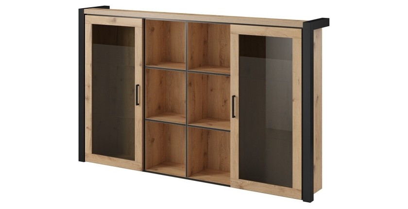 Huche avec éclairage LED collection BOWIE. 2 portes et 6 niches centrales. Couleur chêne et noir.