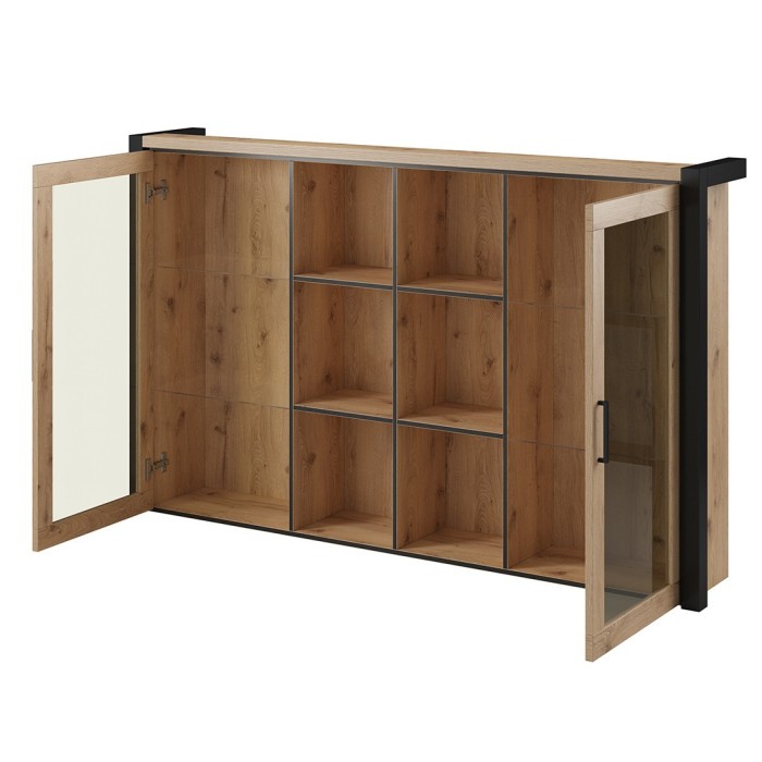 Huche avec éclairage LED collection BOWIE. 2 portes et 6 niches centrales. Couleur chêne et noir.