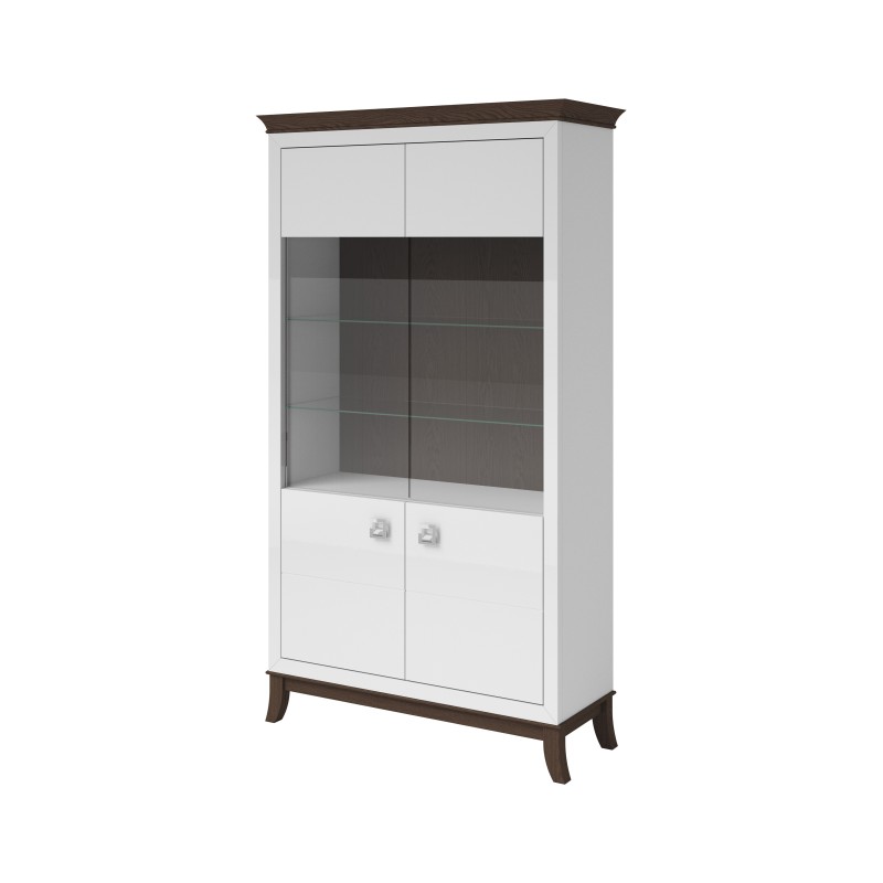 Vitrine  design 2 portes collection PALACE. Coloris blanc et chêne foncé