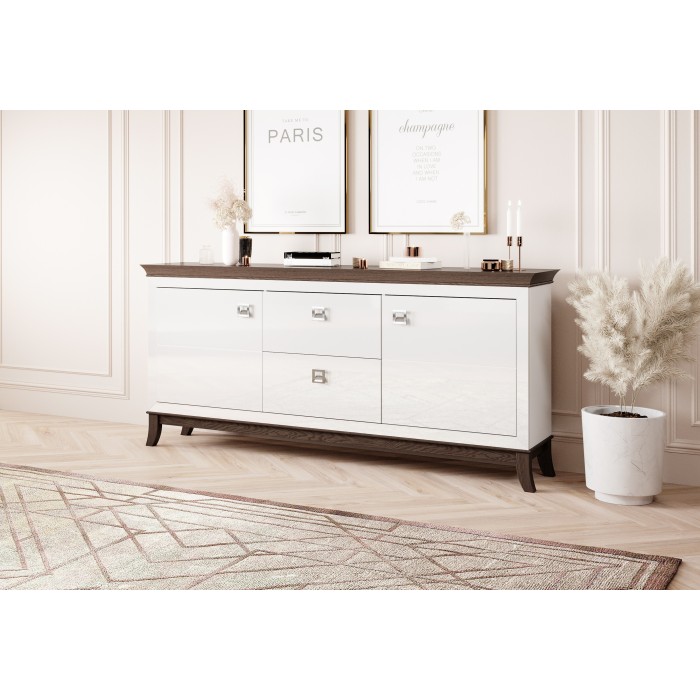 Buffet chic 180cm pour salon coloris blanc et chêne foncé collection PALACE.
