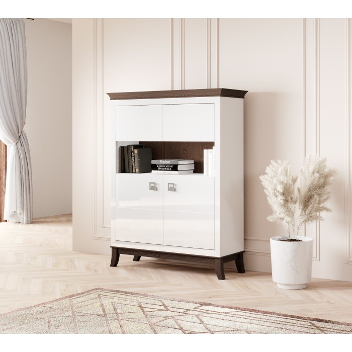 Buffet haut design 2 portes pour salon couleur blanc et chêne foncé, collection PALACE