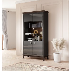 Vitrine  design 2 portes collection PALACE. Coloris gris et chêne foncé