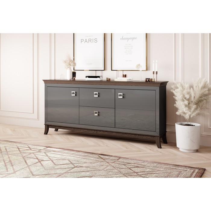 Buffet chic 180cm pour salon coloris gris et chêne foncé collection PALACE.