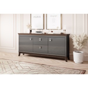 Buffet chic 180cm pour salon coloris gris et chêne foncé collection PALACE.