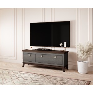 Meuble TV 160cm collection PALACE 3 tiroirs. Couleur gris et chêne.
