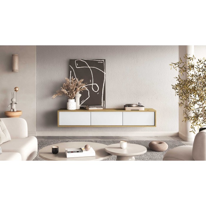 Meuble TV 180cm collection MAANUM. Couleur chêne clair et blanc.