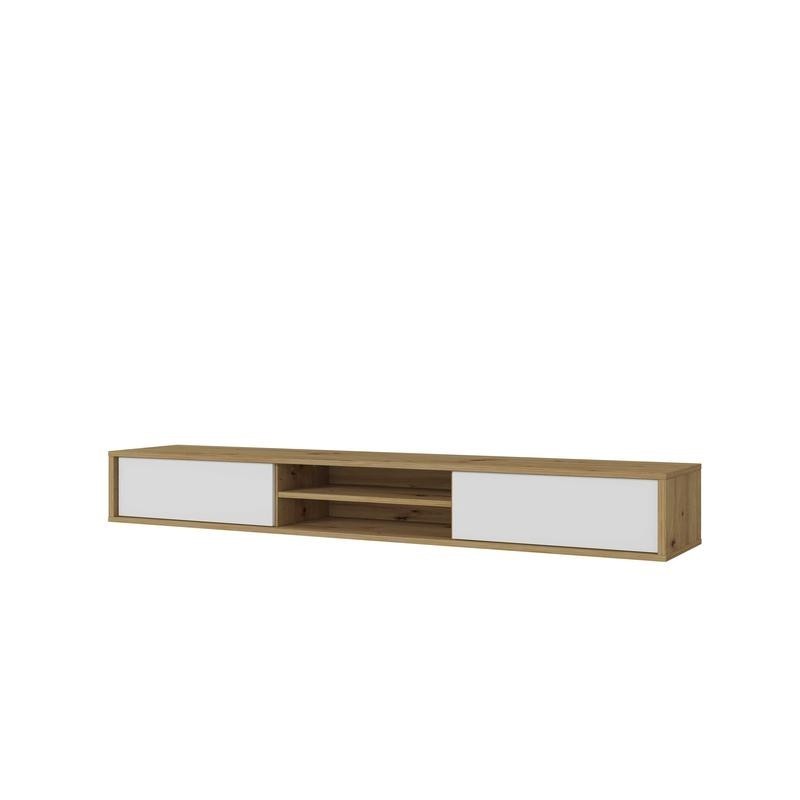 Meuble TV 180cm, 2 portes et 2 niches collection MAANUM. Couleur chêne clair et blanc.