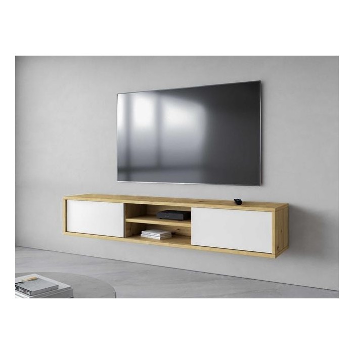 Meuble TV 180cm, 2 portes et 2 niches collection MAANUM. Couleur chêne clair et blanc.