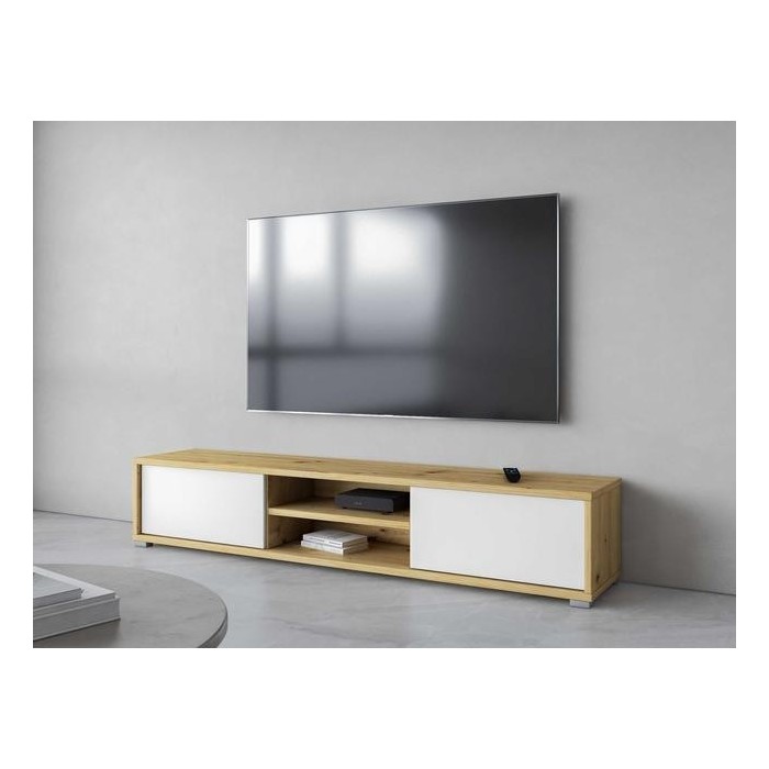 Meuble TV 180cm, 2 portes et 2 niches collection MAANUM. Couleur chêne clair et blanc.