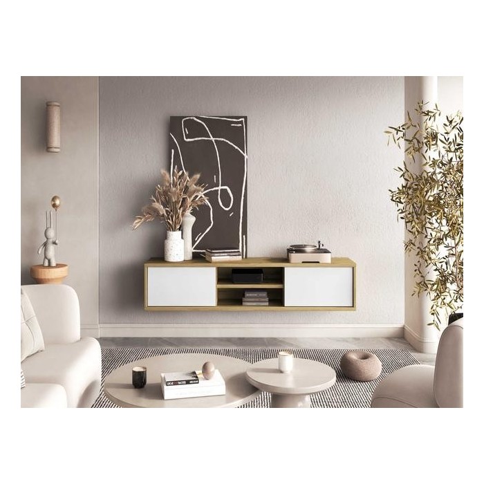 Meuble TV 180cm, 2 portes et 2 niches collection MAANUM. Couleur chêne clair et blanc.