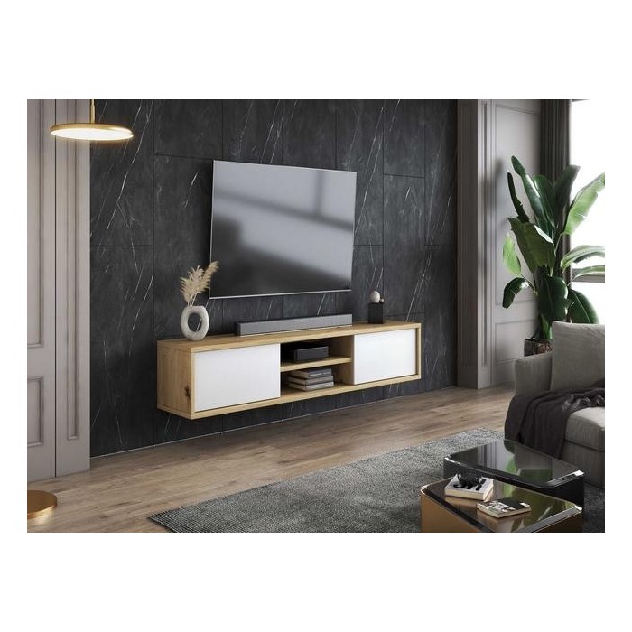 Meuble TV 180cm, 2 portes et 2 niches collection MAANUM. Couleur chêne clair et blanc.