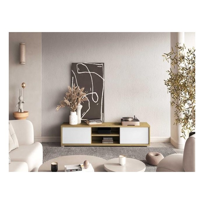 Meuble TV 180cm, 2 portes et 2 niches collection MAANUM. Couleur chêne clair et blanc.