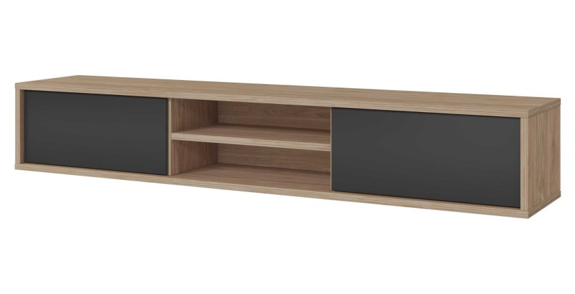 Meuble TV 180cm, 2 portes et 2 niches collection MAANUM. Couleur chêne clair et gris.