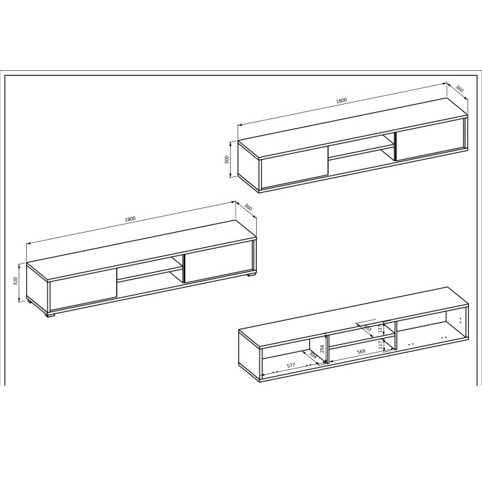 Meuble TV 180cm, 2 portes et 2 niches collection MAANUM. Couleur chêne clair et gris.