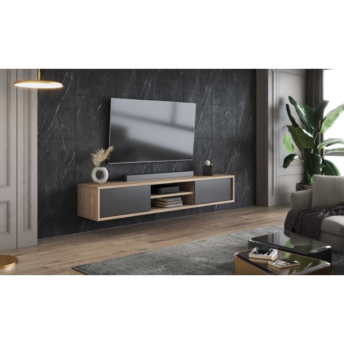 Meuble TV 180cm, 2 portes et 2 niches collection MAANUM. Couleur chêne clair et gris.