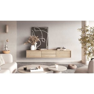 Meuble TV 180cm, 2 tiroirs et 2 portes collection MAANUM. Couleur chêne clair.