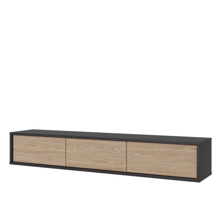 Meuble TV 180cm collection MAANUM. Couleur gris et chêne clair.