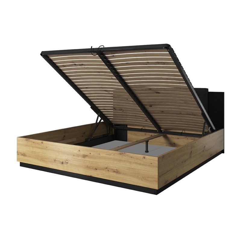 Lit coffre 140x200 coloris chêne clair et noir collection FOX.