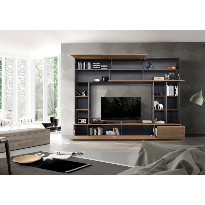 Composition murale pour salon avec nombreux rangements coloris chêne et gris anthracite collection PATIO.
