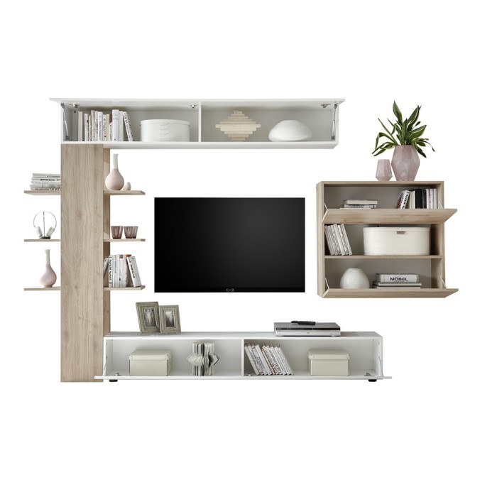 Ensemble de meubles de salon design avec nombreux rangements collection VASCO. Coloris blanc laqué et chêne clair