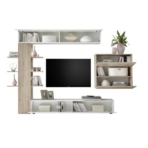 Ensemble de meubles de salon design avec nombreux rangements collection VASCO. Coloris blanc laqué et chêne clair
