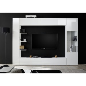 Composition de meubles de salon design avec nombreux rangements collection VASCO. Coloris blanc laqué.