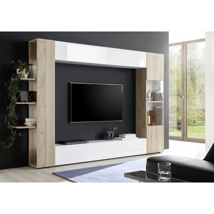 Composition de meubles de salon design avec nombreux rangements collection VASCO. Coloris blanc laqué et chêne clair.