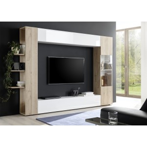 Composition de meubles de salon design avec nombreux rangements collection VASCO. Coloris blanc laqué et chêne clair.