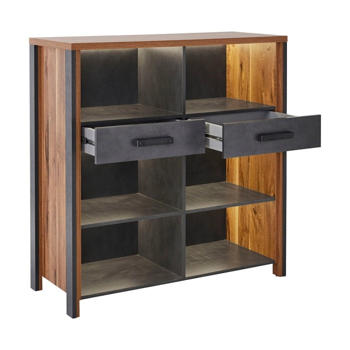 Buffet ouvert 110cm collection WINDSOR. Coloris chêne foncé et gris anthracite.