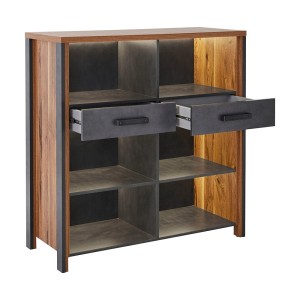 Buffet ouvert 110cm collection WINDSOR. Coloris chêne foncé et gris anthracite.