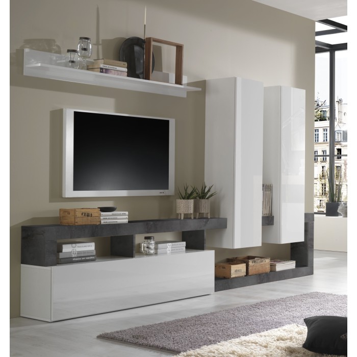 Ensemble de meubles de salon design avec nombreux rangements collection BURA. Coloris blanc laqué et gris anthracite