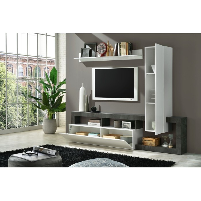 Ensemble de meubles de salon design avec nombreux rangements 220cm collection BURA. Coloris blanc laqué et gris anthracite