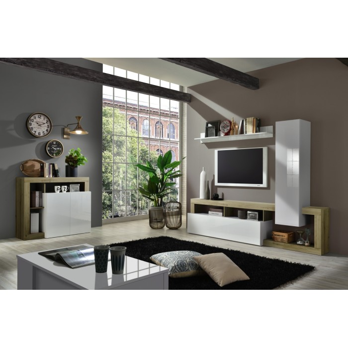 Ensemble de meubles de salon design avec nombreux rangements collection BURA, longueur 219cm. Coloris blanc laqué et chêne cadiz