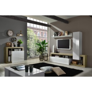 Ensemble de meubles de salon design avec nombreux rangements collection BURA, longueur 219cm. Coloris blanc laqué et chêne cadiz