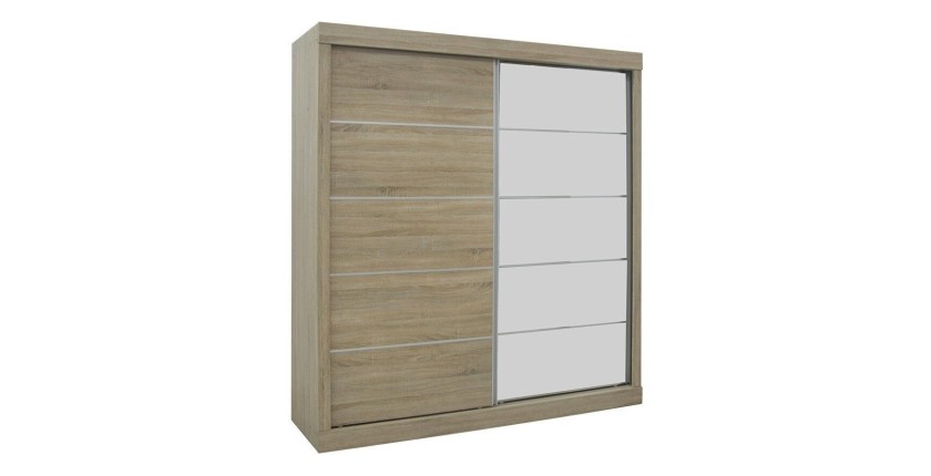Garde Robe MILS, armoire 2 portes coulissantes avec miroir coloris chêne sonoma, idéal pour une chambre design