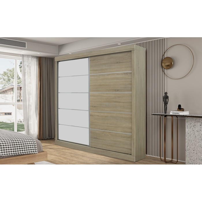 Garde Robe MILS, armoire 2 portes coulissantes avec miroir coloris chêne sonoma, idéal pour une chambre design