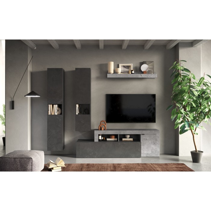 Ensemble de meubles de salon collection FREDO avec tiroir et 3 portes. Coloris gris effet béton et plomb