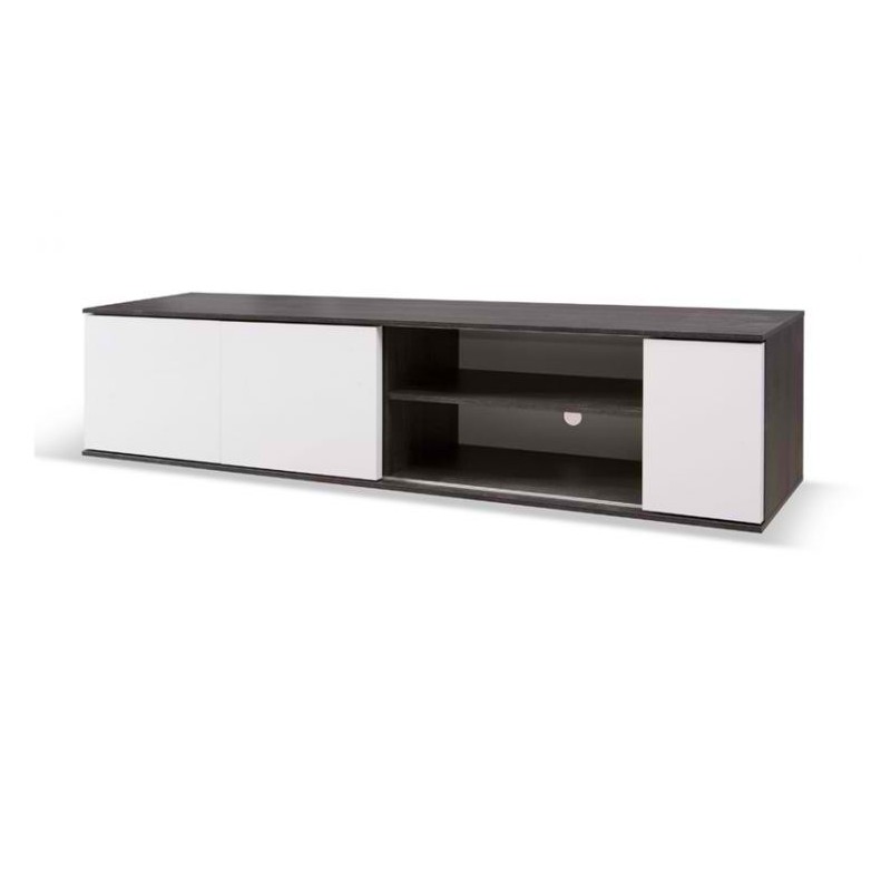 Meuble TV 160cm avec portes coulissantes collection BELFORT coloris noir effet bois et blanc.