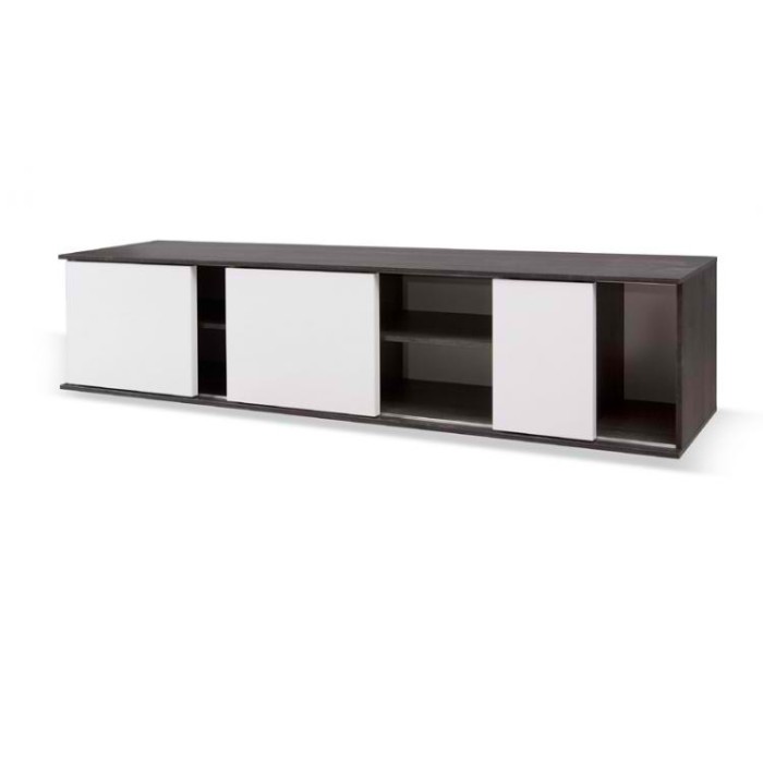 Meuble TV 160cm avec portes coulissantes collection BELFORT coloris noir effet bois et blanc.