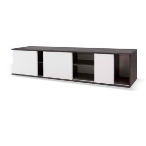 Meuble TV 160cm avec portes coulissantes collection BELFORT coloris noir effet bois et blanc.