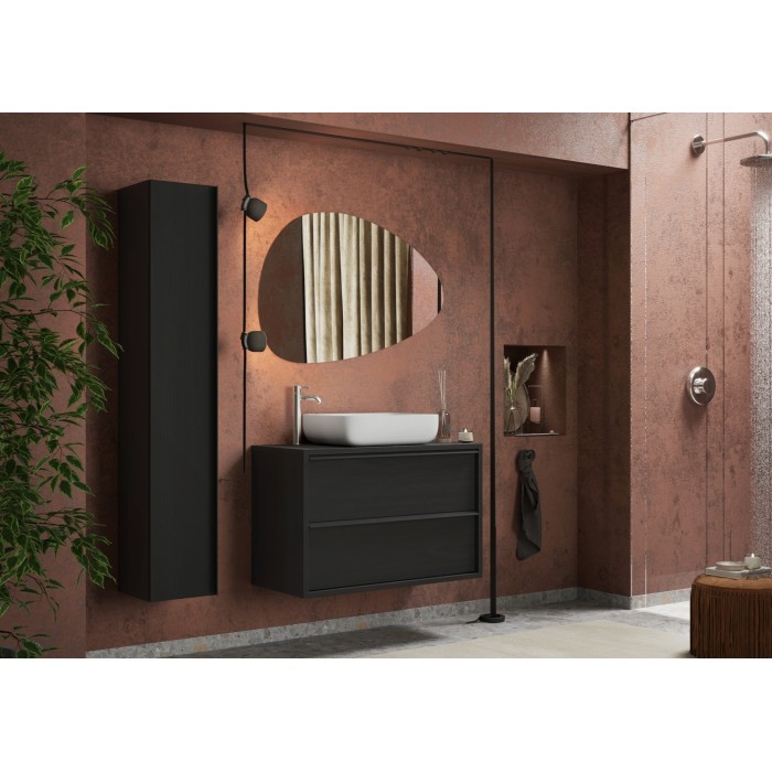 Meuble de salle de bain suspendu avec évier et 2 tiroirs, collection FRASSI. Coloris noir cendré